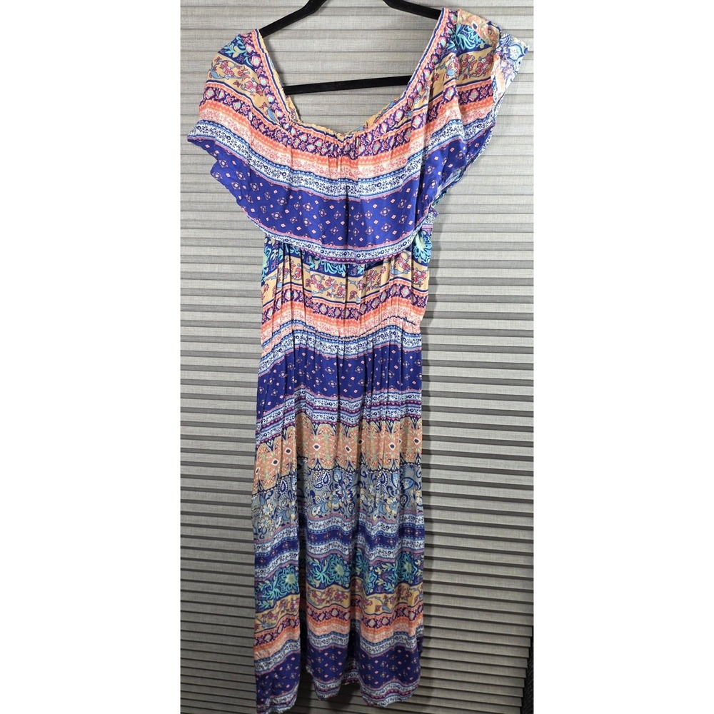 J for Justify Boho Paisley Floral Print Dress L Lg Large Slits Blue Orange Rayon